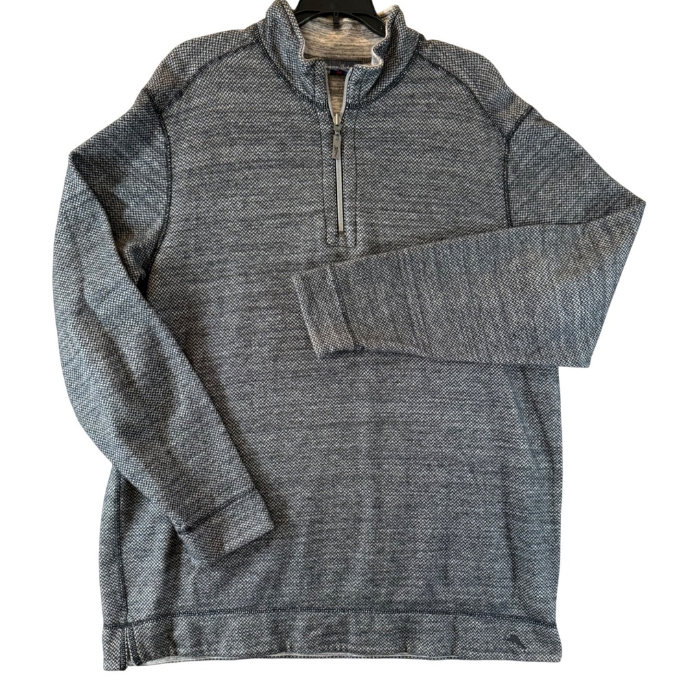 Tommy Bahama Reversible Quarter Zip Pullover Large Grey Herringbone Knit Sweater